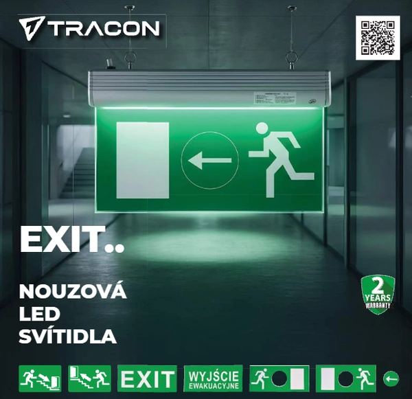 Tracon EXIT-04-J-NM Nouzové LED svítidlo, se samolepícími piktogramy 230V, 50Hz, 36×LED, 3h, 3,7V / 1200mAh, Li-ion, IP30