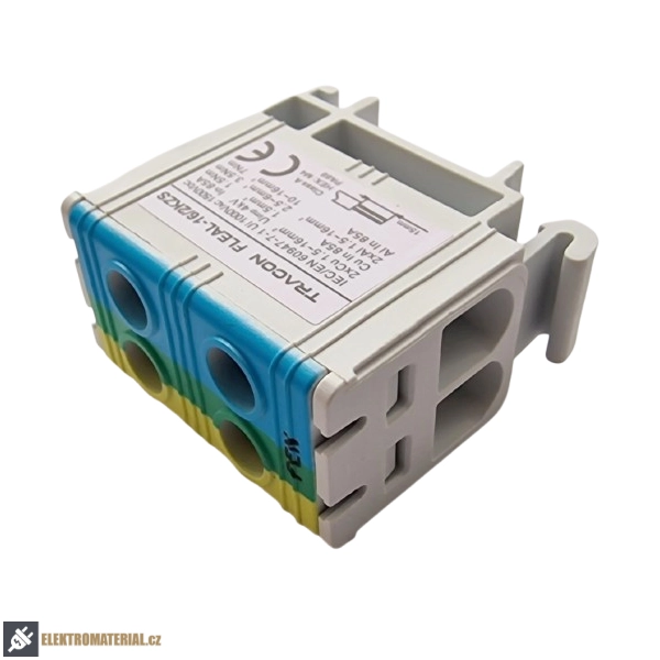Tracon FLEAL-16/2KZS Rozvodná svorka odbočná, na DIN lištu, modro-zeleno-žlutá 1.5-16mm2, max. 1000VAC, 1500VDC, max.85A