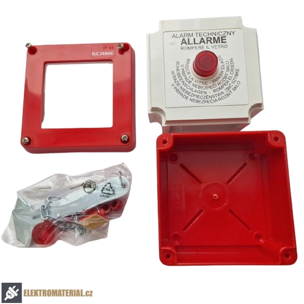 SCAME 676.35100 Tlačítkový hlásič požáru s kladívkem 100x100x50mm montáž na omítku IP55