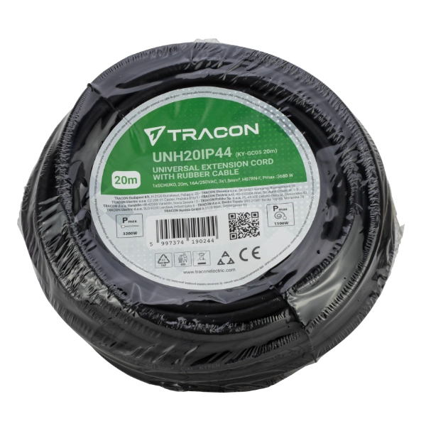 Tracon UNH20IP44 Univerzální prodlužovací kabel délka 20 m, 1xSCHUKO, 16A/250VAC, 3x1,5mm2 H07RN-F, Pmax.:3680 W
