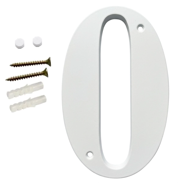 Domovní číslo popisné 0 na zeď, vrata, sloupky s dírami pro vruty barva bílá, výška 170 mm