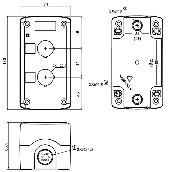 Tracon NYGD-2YE Krabicová sestava k tlačítkům žlutá, 2 d=22,5, IP65, 2×PG-13,5