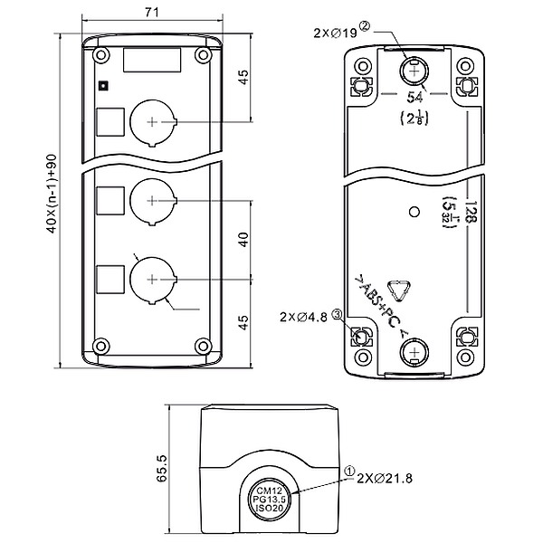 Tracon NYGD-3GR Krabicová sestava k tlačítkům šedá, 3 d=22,5, IP65, 2×PG-13,5