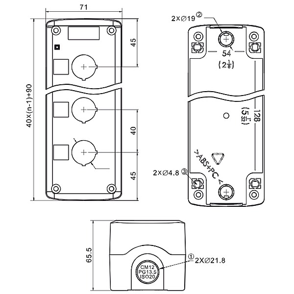Tracon NYGD-5GR Krabicová sestava k tlačítkům šedá, 5 d=22,5, IP65, 2×PG-13,5