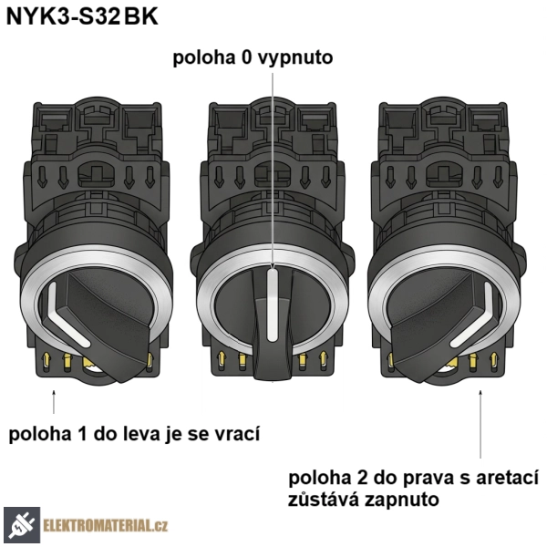 Tracon NYK3-S32BK Otočný spínač s páčkou,trojpols pruž. návratem zleva 2×NO, 5A/230V AC-15, IP65