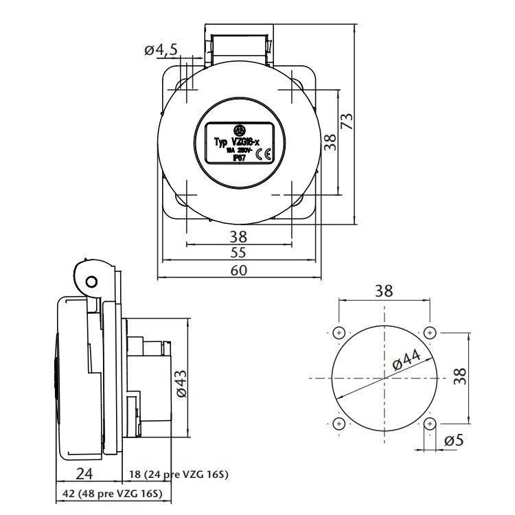 Vestavná zásuvka VZG 16S SCHUKO 250V, IP67, 16A, 3-pól