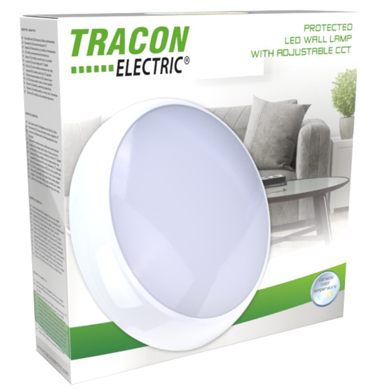 Tracon ADAMS16W Přisazené plastové kulaté LED svítidlovyšší krytí,nast.teplo 230VAC, 16W, 1600lm, 3000/4000/6500K, 1-8m, 10s-12m, IP54, EEI=E s čidlem pohybu
