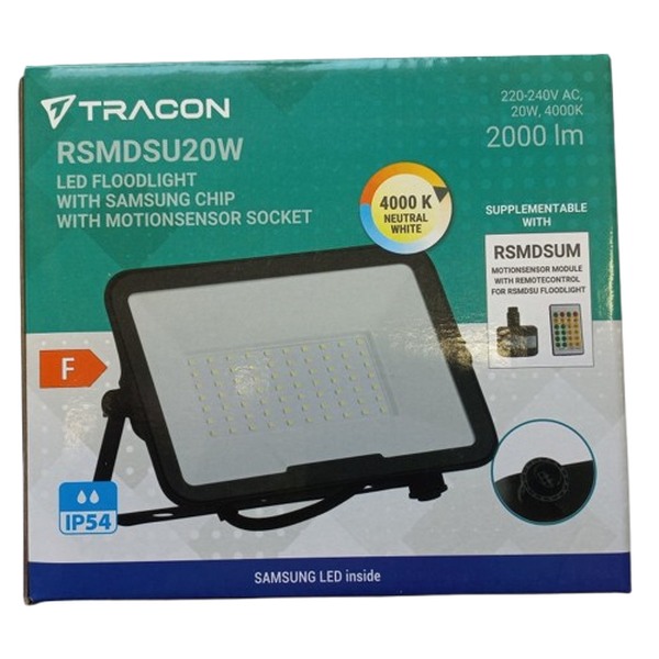 Tracon RSMDSU20W Reflektor LED SMD, s čipem SAMSUNG 220-240V AC, 20W, 4000K, IP66, 2000lm, EEI=F