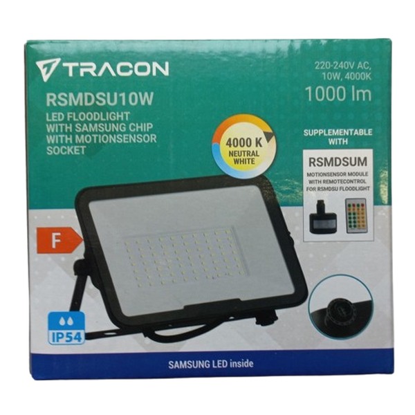Tracon RSMDSU10W LED reflektor s čipem SAMSUNG, s přípojkou na sním. pohybu 220-240V AC, 10W, 4000K, IP54, 1000lm, EEI=F