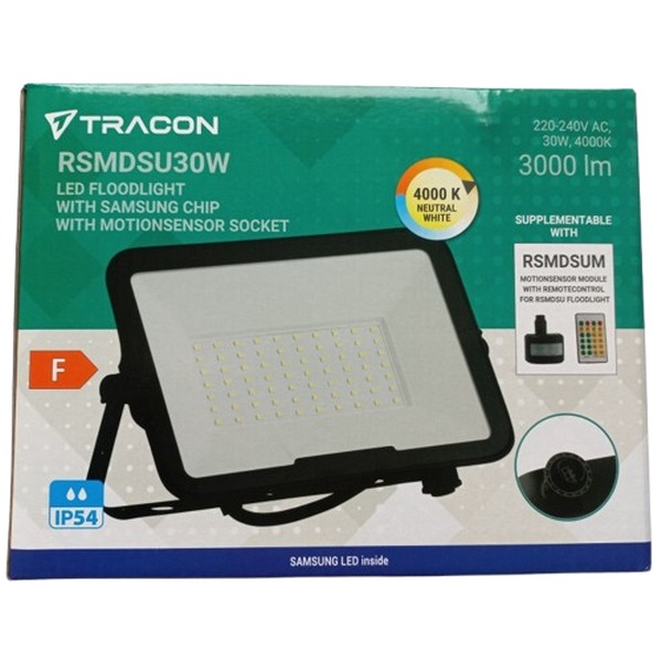 Tracon RSMDSU30W LED reflektor s čipem SAMSUNG, s přípojkou na sním. pohybu 220-240V AC, 30W, 4000K, IP54, 3000lm, EEI=F