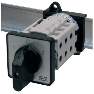 SEZ S63 JLD 2202 C6 Vestavný vačkový spínač s čelní deskou, s upevněním na lištu, přepínač sítí 63A, 1-0-2