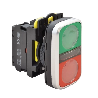 Tracon NYG3-DL Dvojtlačítko podsvětlené,zelené+červené 1×NO+1×NC, 5A/230V AC-15, IP65, LED 230V AC/DC