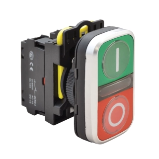 Tracon NYG3-DL1 Dvojtlačítko podsvětlené,zelené+červené,I-O 1×NO+1×NC, 5A/230V AC-15, IP65, LED 230V AC/DC