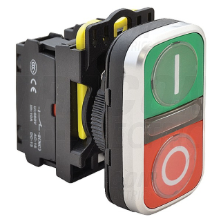 Tracon NYG3-DL1 Dvojtlačítko podsvětlené,zelené+červené,I-O 1×NO+1×NC, 5A/230V AC-15, IP65, LED 230V AC/DC