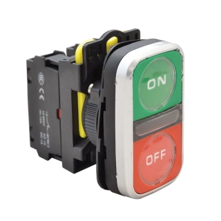 Tracon NYG3-DL2 Dvojtlačítko podsvětlené,zelené+červené, ON-OFF 1×NO+1×NC, 5A/230V AC-15, IP65, LED 230V AC/DC