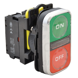 Tracon NYG3-DL2 Dvojtlačítko podsvětlené,zelené+červené, ON-OFF 1×NO+1×NC, 5A/230V AC-15, IP65, LED 230V AC/DC