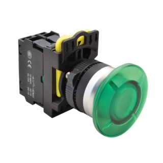 Tracon NYG3-MLG Hřibové tlačítko, zelené 1×NO, 5A/230V AC-15, 40mm, IP65, LED 230V AC/DC