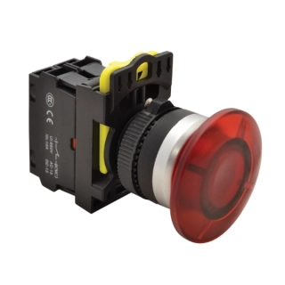 Tracon NYG3-MLR Hřibové tlačítko, červené 1×NC, 5A/230V AC-15, 40mm, IP65, LED 230V AC/DC
