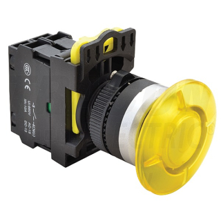 Tracon NYG3-MLY Hřibové tlačítko, žluté 1×NO, 5A/230V AC-15, 40mm, IP65, LED 230V AC/DC