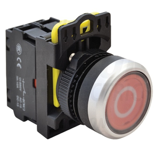 Tracon NYG3-P2L Tlačítko podsvětlené s popisem červené ( bílá 0 ) 1×NC, 5A/230V AC-15, IP65, LED 230V AC/DC