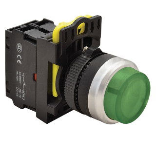 Tracon NYK3-HLG Výstupní podsvětlený tlačítkový spínač, zelený 1×NO, 5A/230V AC-15, IP42, LED 230V AC/DC