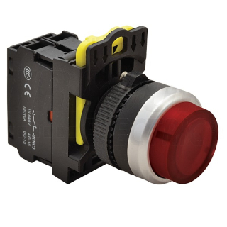Tracon NYK3-HLR Výstupní podsvětlený tlačítkový spínač, červený 1×NC, 5A/230V AC-15, IP42, LED 230V AC/DC