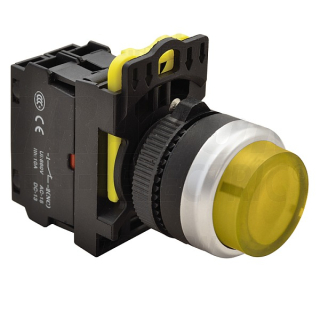 Tracon NYK3-HLY Výstupní podsvětlený tlačítkový spínač, žlutý 1×NO, 5A/230V AC-15, IP42, LED 230V AC/DC