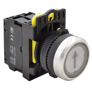 Tracon NYK3-P3L Tlačítkový spínač podsvětlenýs popisem,bílý ( černá šipka ) 1×NO, 5A/230V AC-15, IP65, LED 230V AC/DC