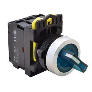 Tracon NYK3-SL21B Otočný spínač s páčkou,podsvícený, modrá LED, 2-polohov 1×NO+1×NC, 5A/230V AC-15, IP65, LED 230V AC/DC
