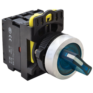 Tracon NYK3-SL21B Otočný spínač s páčkou,podsvícený, modrá LED, 2-polohov 1×NO+1×NC, 5A/230V AC-15, IP65, LED 230V AC/DC