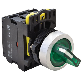 Tracon NYK3-SL21G Otočný spínač s páčkou,podsvícený, zelená LED, 2-polohov 1×NO+1×NC, 5A/230V AC-15, IP65, LED 230V AC/DC