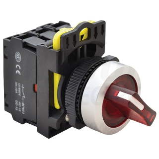 Tracon NYK3-SL21R Otočný spínač s páčkou,podsvícený, červená LED, 2-polohov 1×NO+1×NC, 5A/230V AC-15, IP65, LED 230V AC/DC