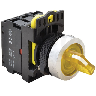 Tracon NYK3-SL21Y Otočný spínač s páčkou,podsvícený, žlutá LED, 2-polohov 1×NO+1×NC, 5A/230V AC-15, IP65, LED 230V AC/DC