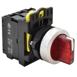 Tracon NYK3-SL31R Otočný spínač s páčkou,podsvícený, červená LED, 3-polohov 1×NO+1×NC, 5A/230V AC-15, IP65, LED 230V AC/DC