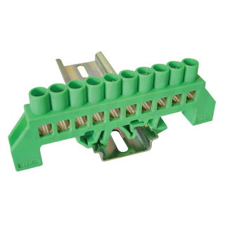 Tracon NPE-G8-10 Můstek na ochranné vodiče (PE) izolovaný, zelený 230/400VAC, 100A, 8×12mm, 10P, IP20