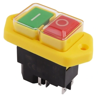 Tracon SSTM-045 Bezpečnostní tlačítko, miniaturní, upev.šroubováním, žlutý rám 5PIN, 230 VAC, 12A/AC3, IP54, 6,3×0,8