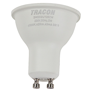 Tracon SMDSGU105CW LED žárovka, tvar koule s čipem SAMSUNG 230V, 50Hz, GU10, 5W, 470lm, 6500K, 120°, SAMSUNG chip, EEI=F