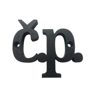 Malá značka Č.P. k domovním číslům popisným na zeď, vrata, sloupky s dírami pro vruty barva černá, výška 79 mm