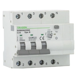 Tracon EVOBKM4B2503 Kombinovaný proudový chránič 4P, 5 mod, char. B, B25A, 30 mA, 6kA, B