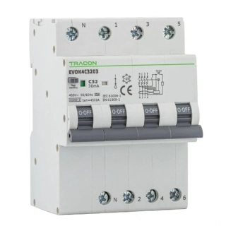 Tracon EVOK4B2003 Kombinovaný proudový chránič, 4 moduly, Char. B, 4 pól, B20A, 30 mA, 10kA, A