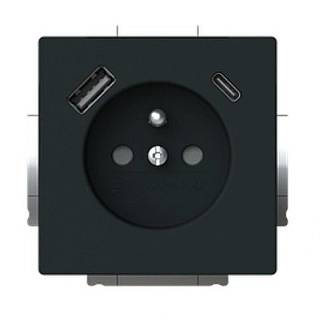 ABB 2CKA002017A1919 FUTURE Zásuvka 1násobná s kolíkem, s clonkami, s nabíjením USB-A, USB-C, mechová černá, 20 MUCB2USB-A-885-500