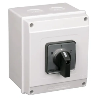 Vačkový přepínač, 0-1-2, v krabici Tracon TKB-256/4T65 400V, 50Hz, 25A, 2×4P, 7,5kW, 48×48mm, 60°, IP65