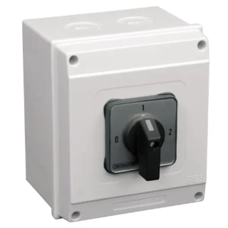 Vačkový přepínač, 0-1-2, v krabici Tracon TKB-259/4T65 400V, 50Hz, 25A, 2×4P, 7,5kW, 48×48mm, 90°, IP65