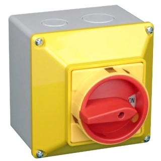 Krabicový hlavní vypínač žluto-červ., žluté víčko, ON-OFF Tracon TKFL-20TS 400V, 50Hz, 20A, 4P, 5,5kW, 64×64mm, IP44