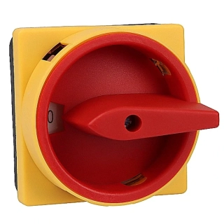 Hlavní vypínač žluto-červený, ON-OFF Tracon TKFL-25 400V, 50Hz, 25A, 4P, 7,5kW, 64×64mm