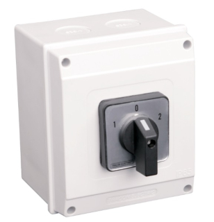 Reverzační přepínač motoru, 1-0-2, v krabici Tracon TKM-63/NT65 400V, 50Hz, 63A, 18,5kW, 64×64mm, IP65