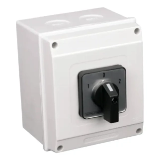 Vačkový přepínač, 1-0-2, v krabici Tracon TKV-256/3T65 400V, 50Hz, 25A, 2×3P, 7,5kW, 48×48mm, 60°, IP65