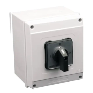 Vačkový přepínač, 1-0-2, v krabici Tracon TKV-259/4T65 400V, 50Hz, 25A, 2×4P, 7,5kW, 48×48mm, 90°, IP65