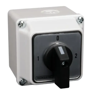 Krabicový vačkový přepínač, 1-0-2 Tracon TKV-329/4T65 400V, 50Hz, 32A, 2×4P, 11kW, 64×64mm, 90°, IP65