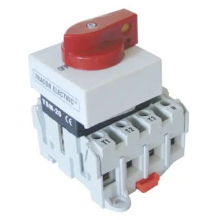Bezpečnostní vypínač upevnitelný na DIN-lištu Tracon TSM-20/4 400V, 50Hz, 20A, 4P, 5,5kW, 55,5×55,5mm
